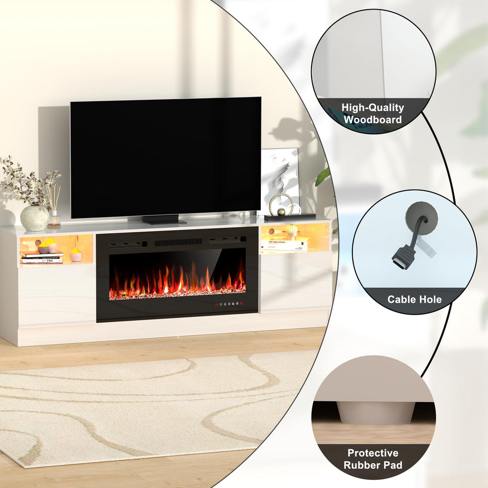 OUTGUAVA Fireplace TV Stand for 80 Inch TV, TV Stand with 36" Fireplace, LED Light Entertainment Center with Storage Cabinets, Media TV Console TV Table for Living Room, Black