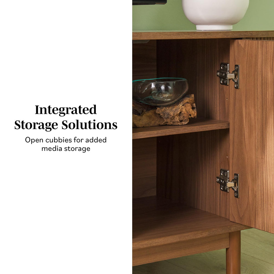 Walker Edison Chloe Curved Reeded TV Stand, Sliding Doors, 65 Inch, 60 inch, Mocha