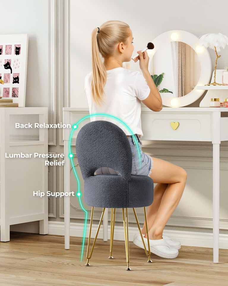 GREENSTELL Small Vanity Stool Chair with Storage and Folding Back, 13" x 13" x 17.7" Faux Fur Soft Ottoman for Teenager, 4 Metal Legs with Anti-Slip Feet, Furry Padded Seat for Makeup, Bedroom, White
