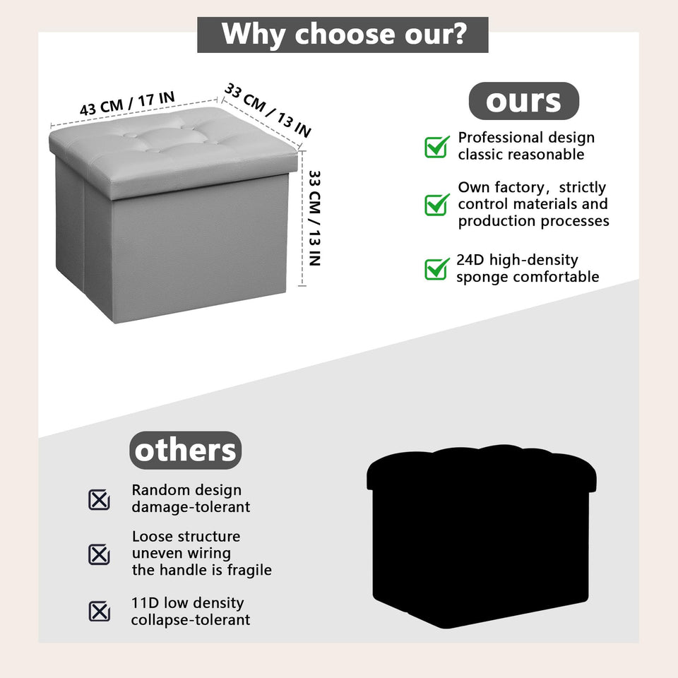 AmasSmile Storage Ottoman Folding Foot Rest Stool, Leather Footstool Bench, Short Ottoman Stool, Storage Foot Rest Store, Books (Black, 17" D x 13" W x 13" H)