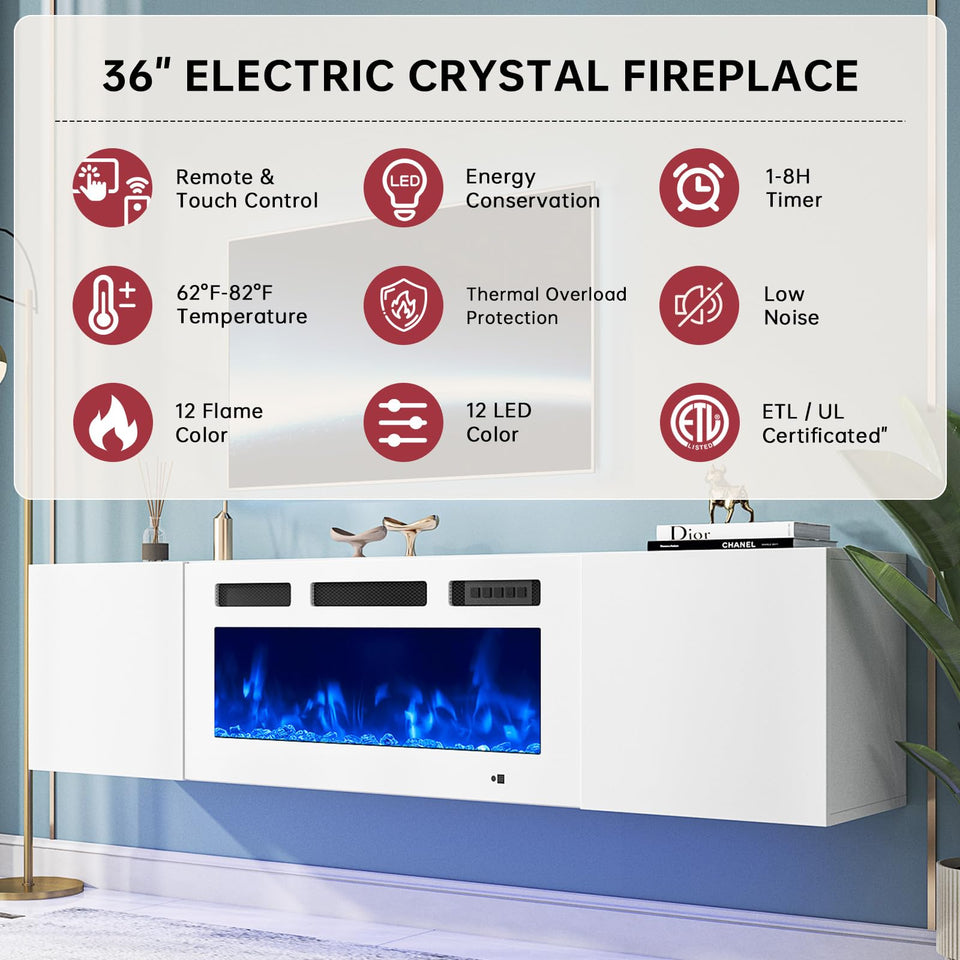 oneinmil 70" Floating TV Stand with 36" Electric Fireplace, Wall Mounted Fireplace Entertainment Center with Storage, Fire Place TV Console for Living Room, All Black