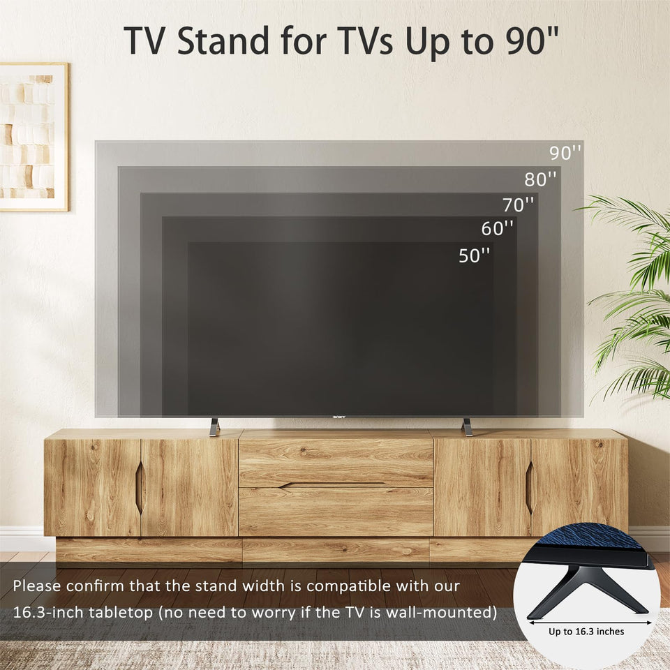 UKAOCAI 86.61'' Tambour TV Stand for 55-85 Inch, Modern Entertainment Center with Large Storage Cabinet & Open Shelves, TV Console with Sliding Doors for Living Room, Bedroom, Natural