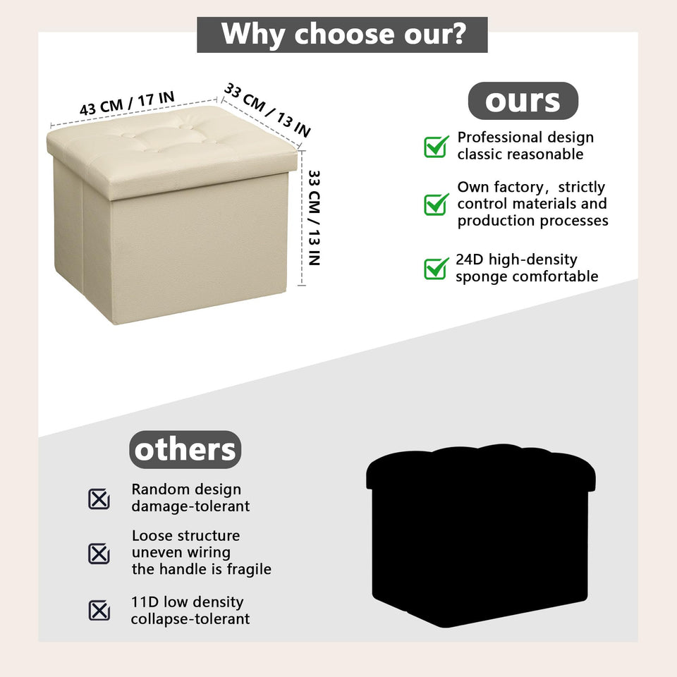 AmasSmile Storage Ottoman Folding Foot Rest Stool, Leather Footstool Bench, Short Ottoman Stool, Storage Foot Rest Store, Books (Black, 17" D x 13" W x 13" H)