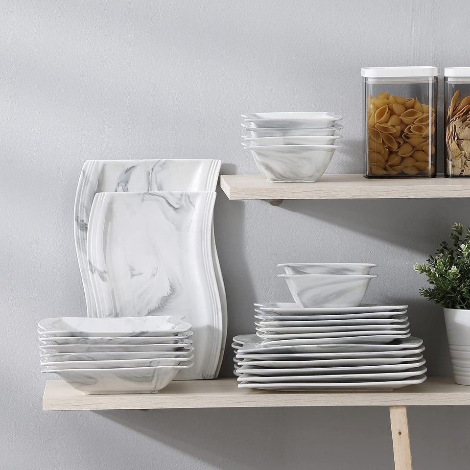 MALACASA Ivory White Dinnerware Sets, 30-Piece Porcelain Plates and Bowls Sets, Modern Dish Set for 6, Square Plates Dinnerware Set Kitchen Dishware Sets, Microwave and Dishwasher Safe, Series Flora