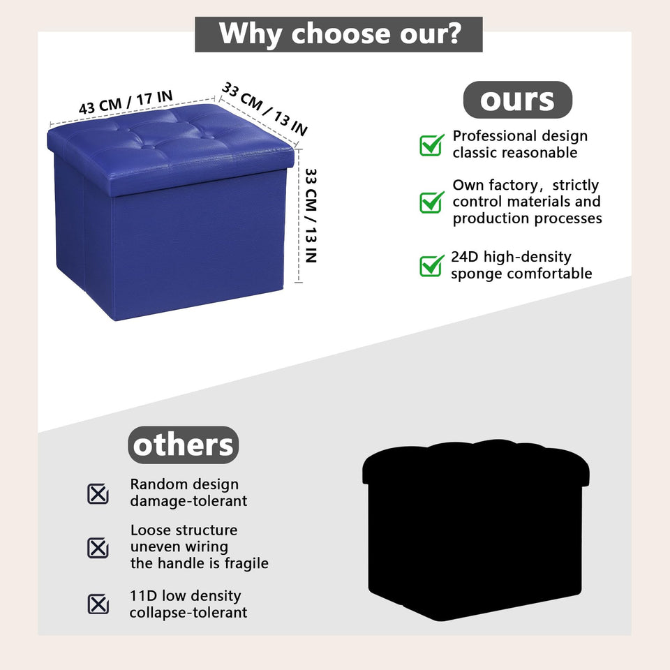 AmasSmile Storage Ottoman Folding Foot Rest Stool, Leather Footstool Bench, Short Ottoman Stool, Storage Foot Rest Store, Books (Black, 17" D x 13" W x 13" H)