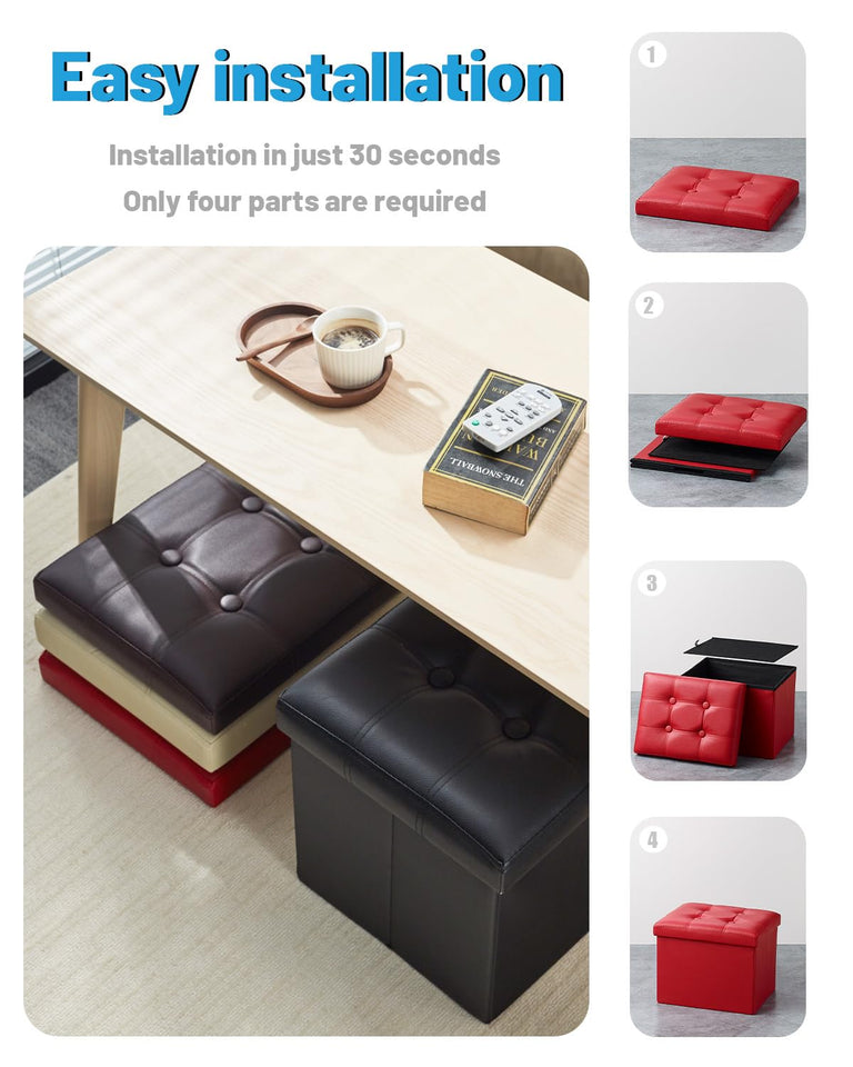 AmasSmile Storage Ottoman Folding Foot Rest Stool, Leather Footstool Bench, Short Ottoman Stool, Storage Foot Rest Store, Books (Black, 17" D x 13" W x 13" H)