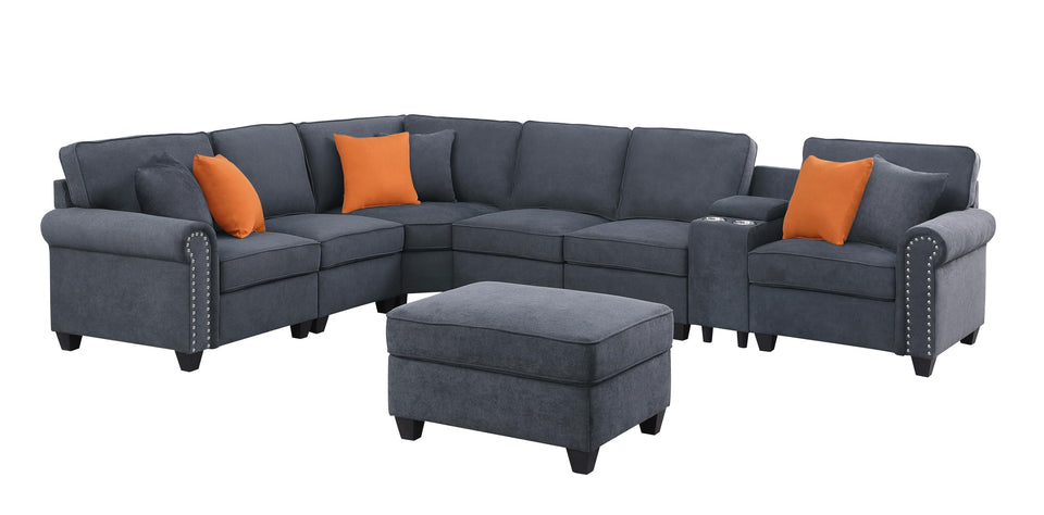 YOPTO 127" L-Shaped Sectional Couch with Movable Ottoman & 6 Throw Pillows,7 Seat Chenille Upholstered Sofa W/2 Cup Holder,USB Port & Hidden Storage Box,DIY Combination,for Living Room,Apartment,Beige