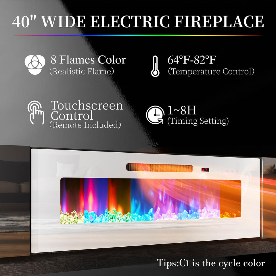 AMERLIFE Fireplace TV Stand with 36" Fireplace, 70" Modern High Gloss Fireplace Entertainment Center LED Lights, 2 Tier TV Console Cabinet for TVs Up to 80", Obsidian Black