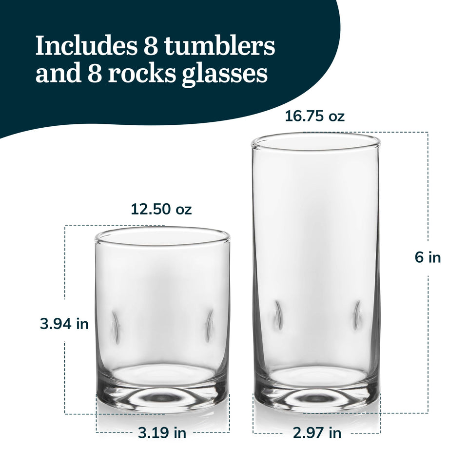 Libbey Ascent Tumbler and Rocks Drinking Glasses Set of 16, Glass Drinking Glasses with Curvature, Versatile Glassware Set for Parties and More
