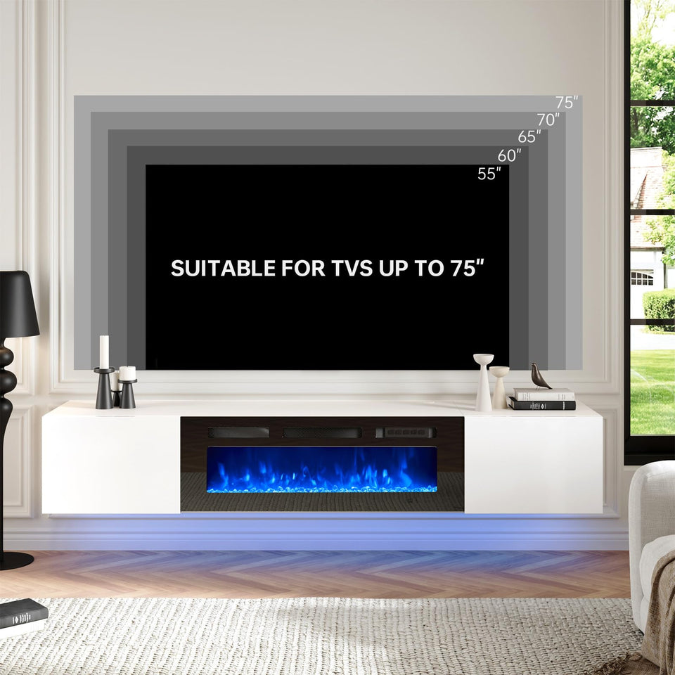 oneinmil 70" Floating TV Stand with 36" Electric Fireplace, Wall Mounted Fireplace Entertainment Center with Storage, Fire Place TV Console for Living Room, All Black