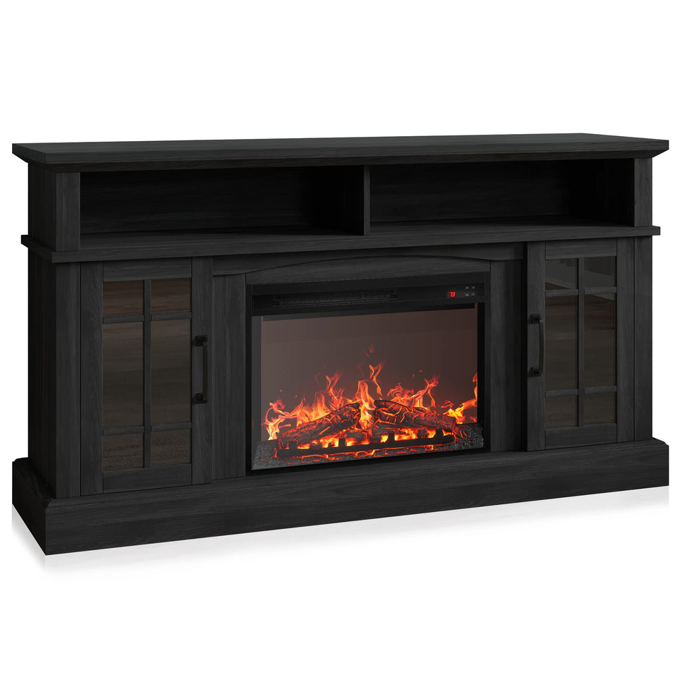 BELLEZE Traditional 58" Rustic TV Stand with 23" Electric Fireplace Heater with Sound, Media Entertainment Center Console Table for TV up to 65" with Open Storage Shelves and Cabinets - Espresso