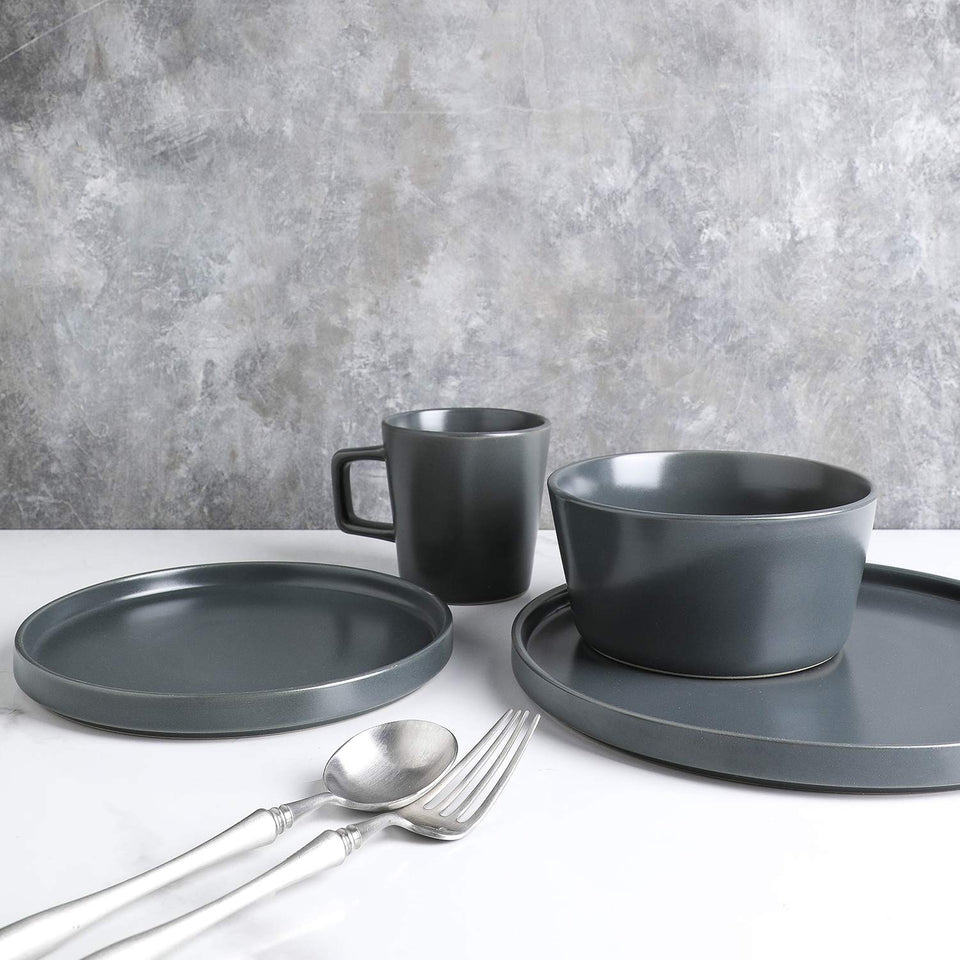 Stone Lain Celina Stoneware 32 Piece Dinnerware Set, Plates and Bowls, Black Matte Dish Collection, Service for 8 – Contemporary Minimalist Style, Microwave & Dishwasher Safe