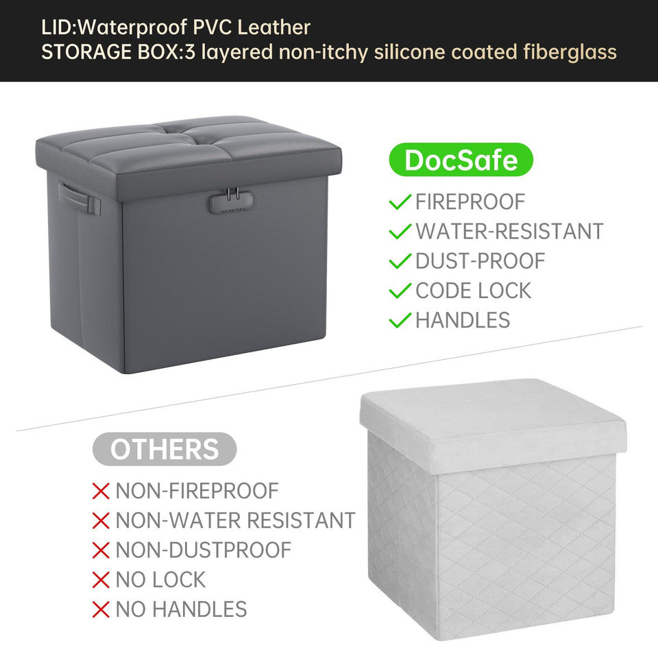 DocSafe Storage Ottoman with Lock,Fireproof Folding Ottoman Foot Rest Stool Storage Chest with Storage Safe for Important Documents,Waterproof 17 Inches Short Ottoman Foot Stool with Handles,Black