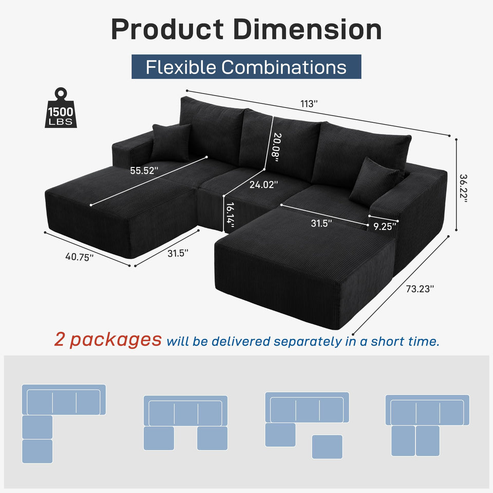 Sectional Cloud Boneless Sofa Couches for Living Room-113'' Beige 3 Seater U-Shaped Modern Lounge Couch-No Assembly Modular Corduroy Convertible Sponge Sleeper Sofas with Chaise for Home House