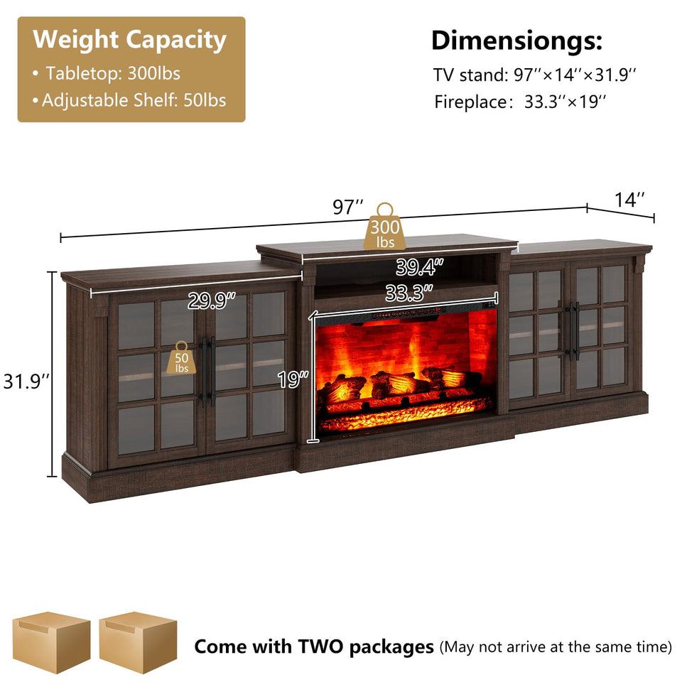 LUXOAK 97" Farmhouse TV Stand with 33" Fireplace for TVs up to 100", Media Entertainment Center with Large Storage Cabinet and Adjustable Shelves for Living Room, White/Barnwood