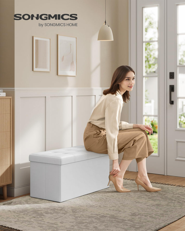 SONGMICS MAZIE Collection - 43 Inches Folding Storage Ottoman Bench, Ottoman with Storage, Foot Rest Stool, Load 660 lb, for Living Room, Synthetic Leather, Black ULSF701