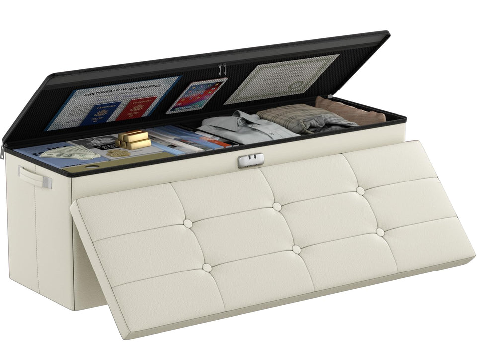 DocSafe Storage Ottoman with Lock,Fireproof Folding Ottoman Foot Rest Stool Storage Chest with Storage Safe for Important Documents,Waterproof 17 Inches Short Ottoman Foot Stool with Handles,Black