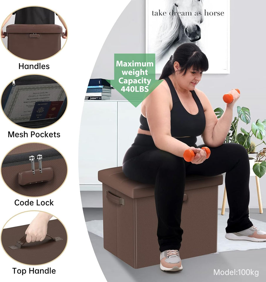 DocSafe Storage Ottoman with Lock,Fireproof Folding Ottoman Foot Rest Stool Storage Chest with Storage Safe for Important Documents,Waterproof 17 Inches Short Ottoman Foot Stool with Handles,Black