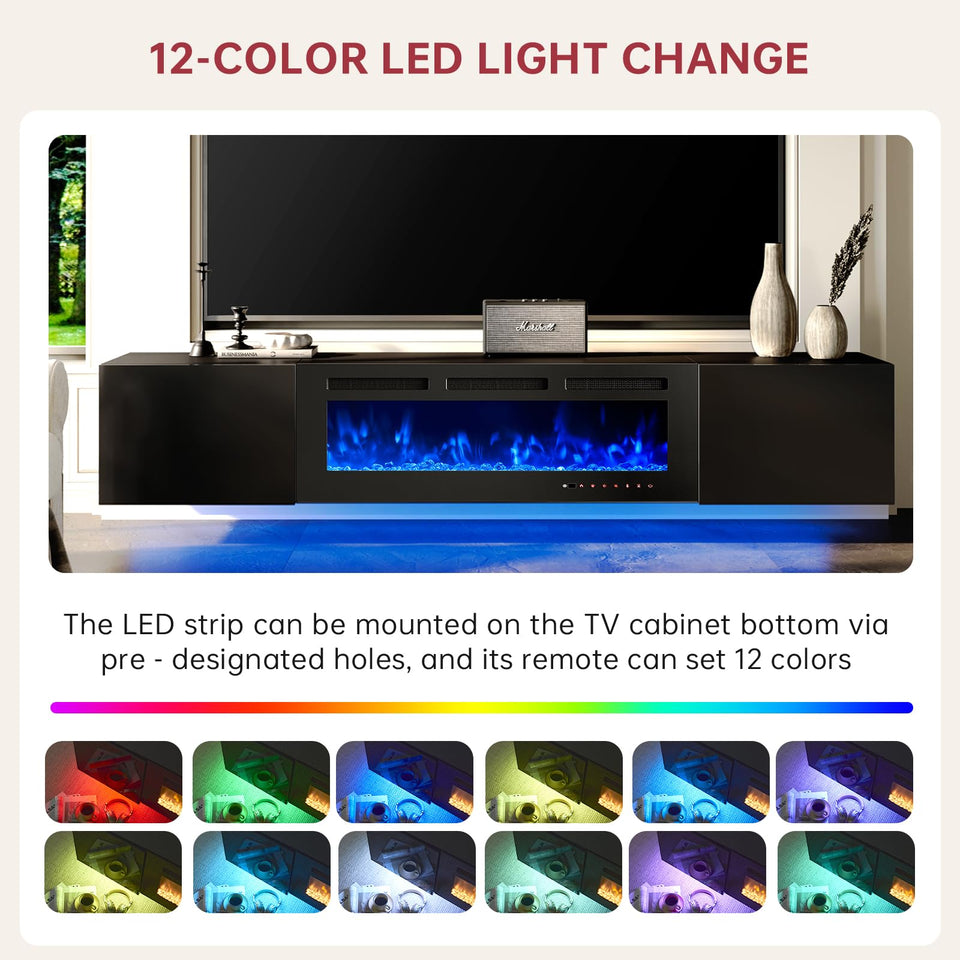 oneinmil 70" Floating TV Stand with 36" Electric Fireplace, Wall Mounted Fireplace Entertainment Center with Storage, Fire Place TV Console for Living Room, All Black