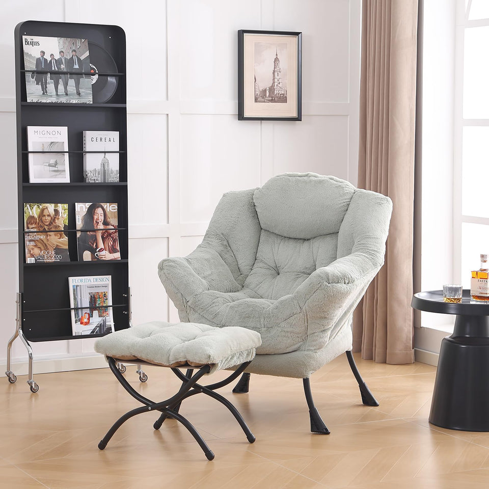 LITA Lazy Chair with Ottoman, Modern Accent Leisure Upholstered Lazy Sofa Armchair, Contemporary Lounge Reading Chair with Armrests and a Side Pocket for Living Room, Bedroom & Small Space, Dark Grey