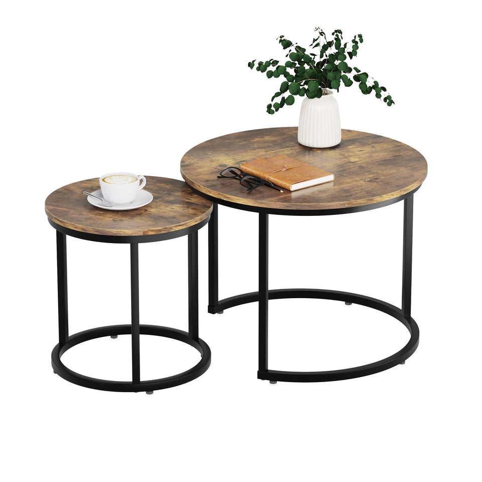 Smuxee Nesting Coffee Table Set of 2, 23.6" Round Coffee Table Wood Grain Top with Adjustable Non-Slip Feet, Industrial End Table Side Tables for Living Room Bedroom Balcony Yard