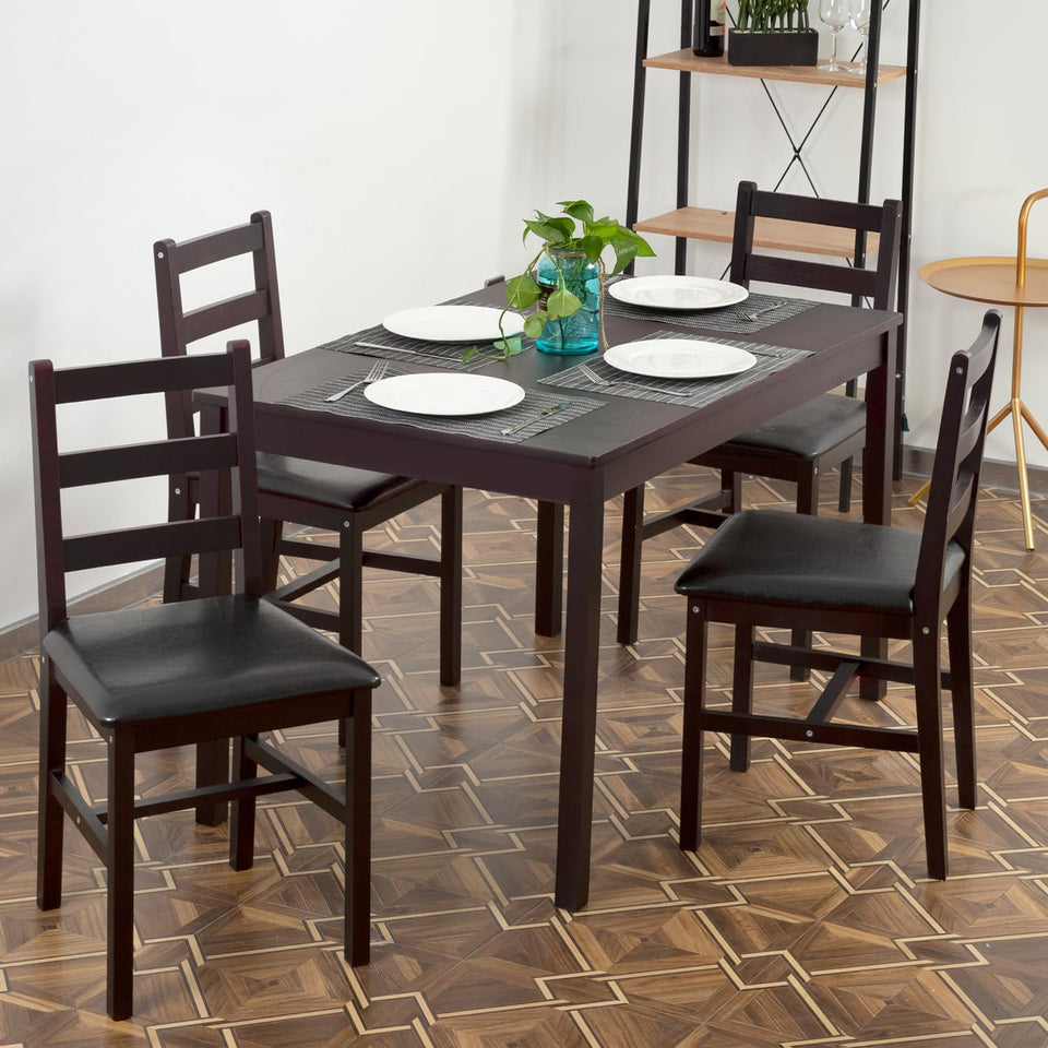 FDW | 5-Piece Solid Wood Dining Table Set for 4 | Brown | Pine Kitchen Table with Upholstered Chairs | Space-Saving Design | Smooth Easy-to-Clean Surface | for Dining Room, Apartment, Restaurant