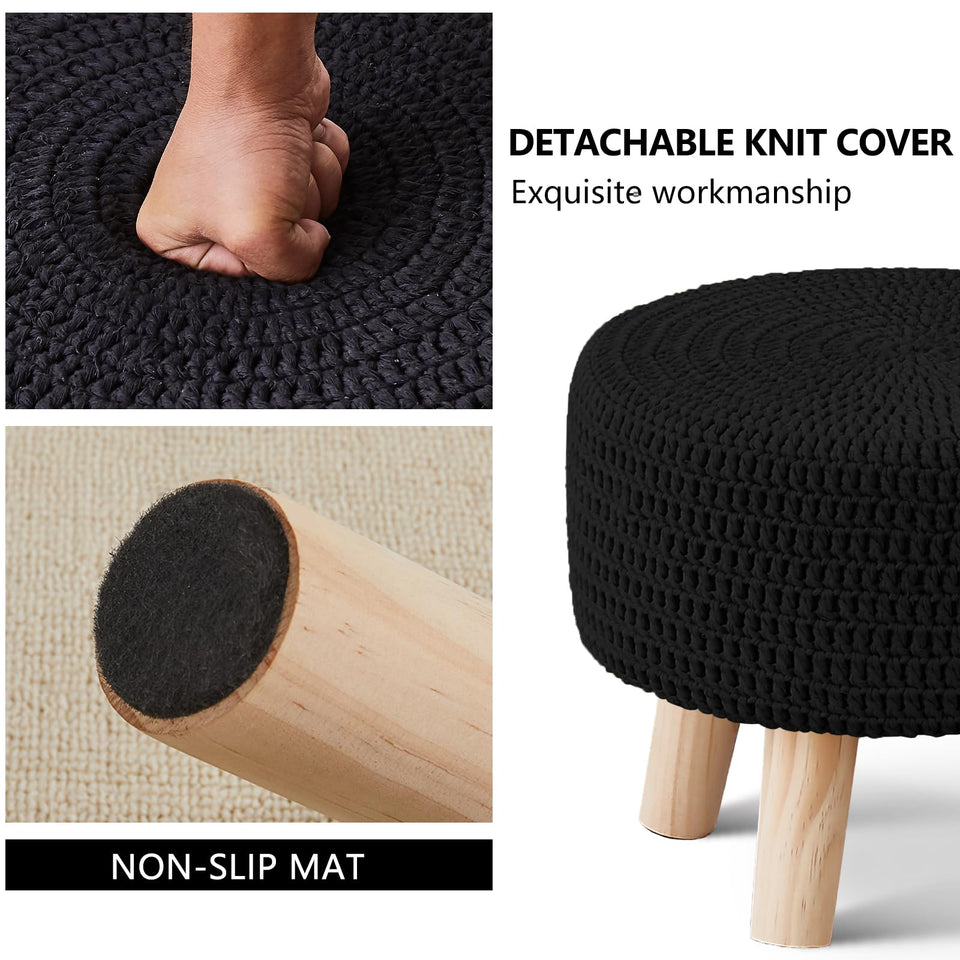 Wimarsbon Pouf Ottoman, 100% Cotton Knitted Boho Footstool, Round Footrest with Non-Skid Wood Legs, Home Décor Handmade Pouffe, Leisure Floor Step Stool for Living Room (Beige)