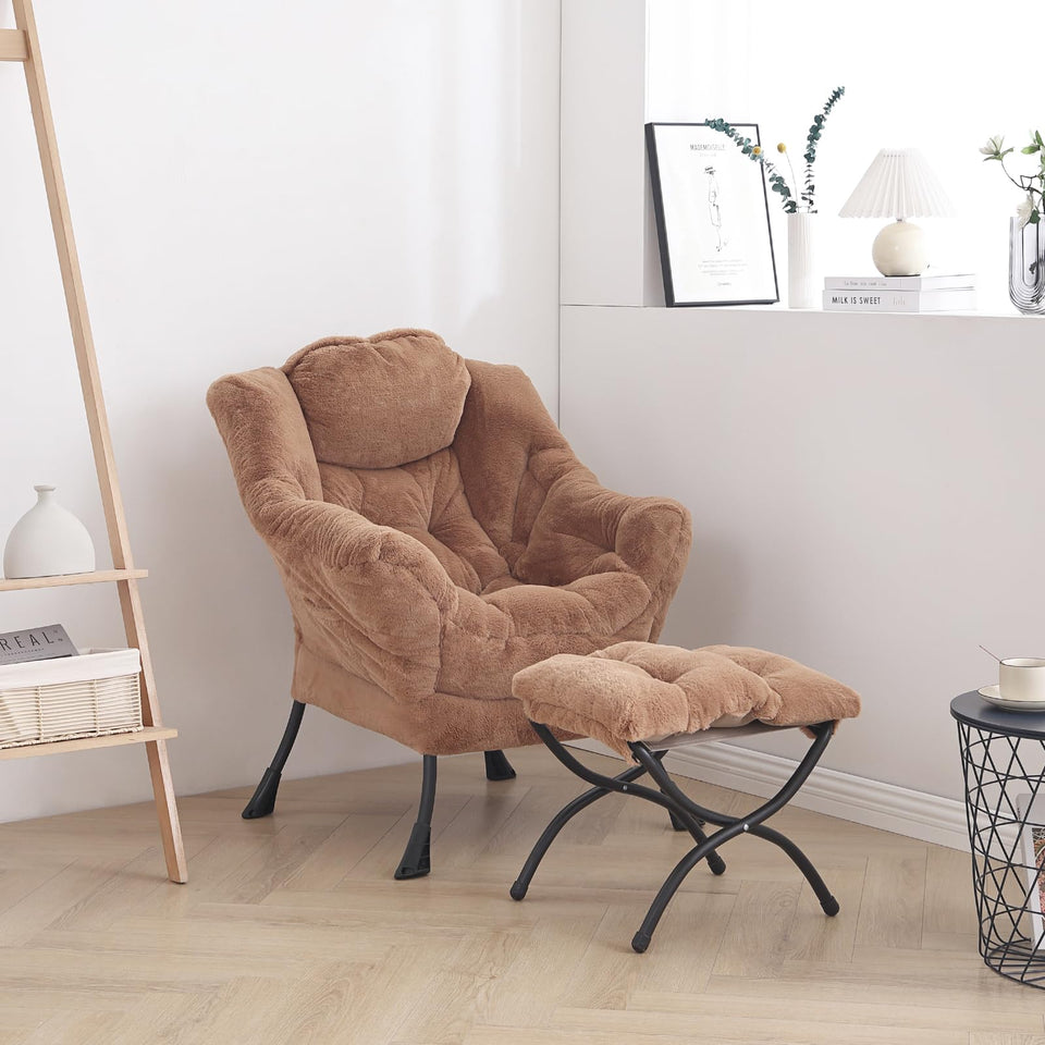 LITA Lazy Chair with Ottoman, Modern Accent Leisure Upholstered Lazy Sofa Armchair, Contemporary Lounge Reading Chair with Armrests and a Side Pocket for Living Room, Bedroom & Small Space, Dark Grey