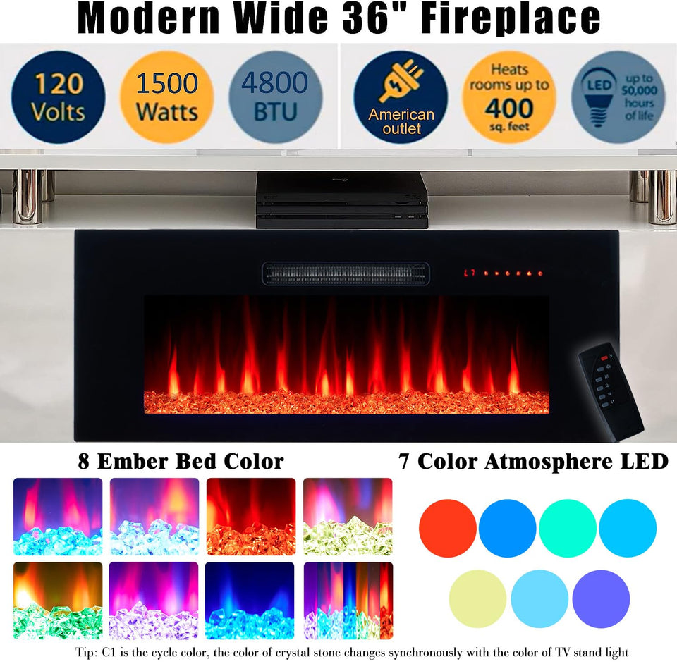 AMERLIFE Fireplace TV Stand with 36" Fireplace, 70" Modern High Gloss Fireplace Entertainment Center LED Lights, 2 Tier TV Console Cabinet for TVs Up to 80", Obsidian Black