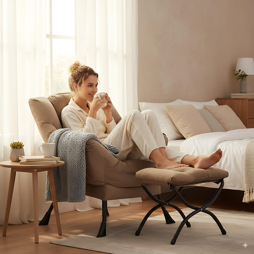 LITA Lazy Chair with Ottoman, Modern Accent Leisure Upholstered Lazy Sofa Armchair, Contemporary Lounge Reading Chair with Armrests and a Side Pocket for Living Room, Bedroom & Small Space, Dark Grey