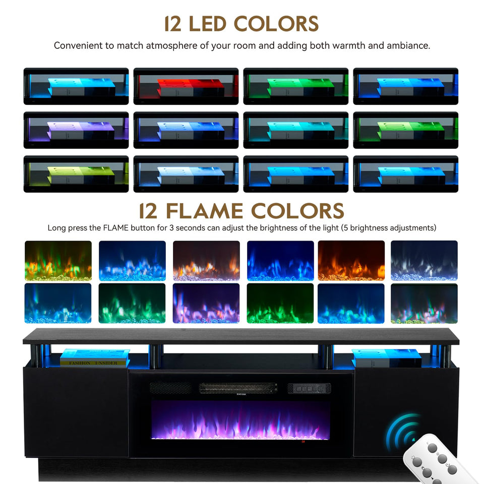 OneBlis 70" TV Stand for Living Room, Modern Entertainment Center & Media Console, Fits TVs up to 80", Storage Cabinet with Shelves, 36" Electric Fireplace with LED Flame (All Black)