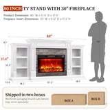 80" Fireplace TV Stand for TVs Up to 90 Inch, Electric Fireplace with Mantel, Farmhouse Entertainment Center with Storage, Realistic Stacked Stone Surround with Remote Control for Living Room