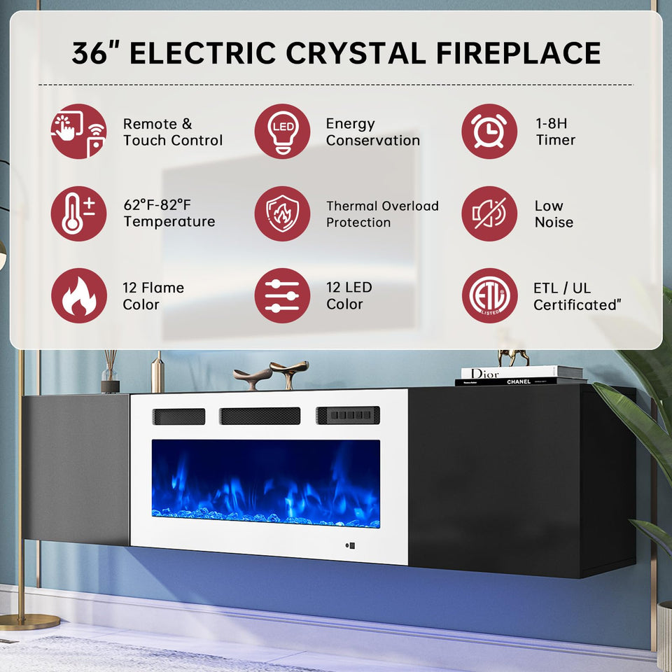 oneinmil 70" Floating TV Stand with 36" Electric Fireplace, Wall Mounted Fireplace Entertainment Center with Storage, Fire Place TV Console for Living Room, All Black