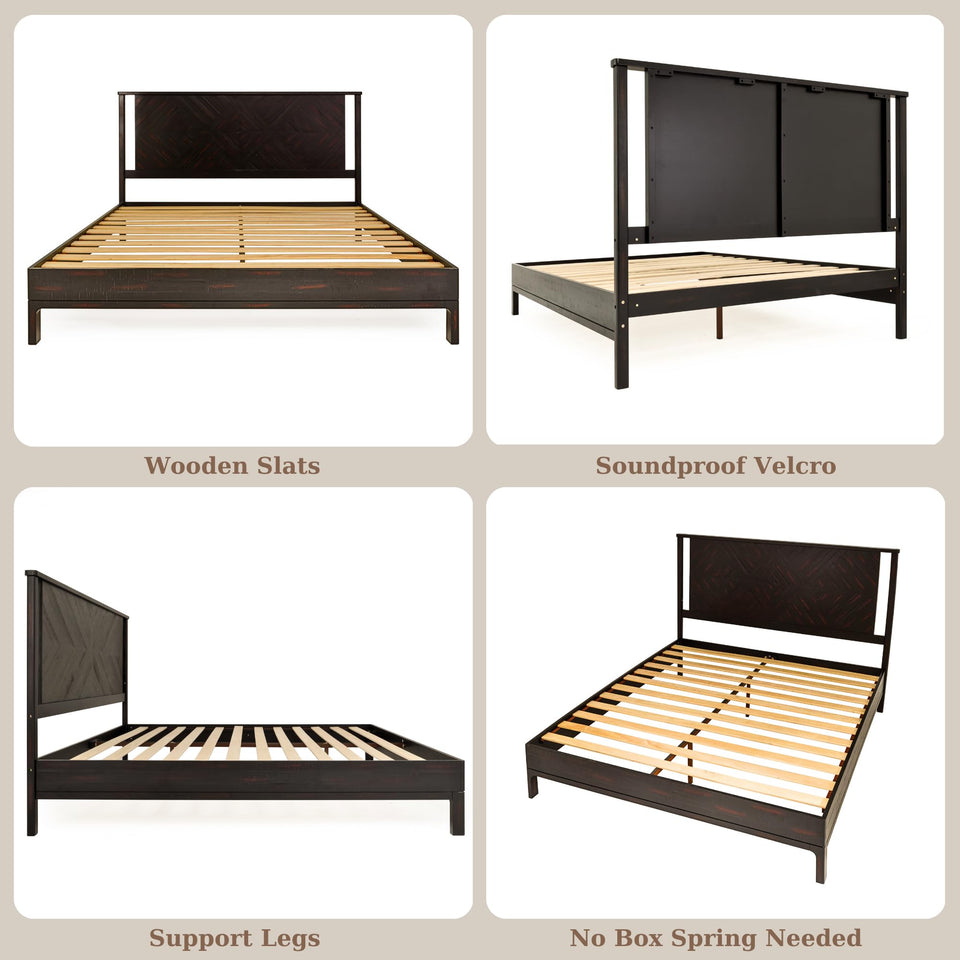 Bme Vivian 14 Inch Deluxe Bed Frame with Headboard, Rustic & Scandinavian Style with Solid Acacia Wood, No Box Spring Needed, 12 Strong Wood Slat Support, Easy Assembly, King, Rustic Golden Brown