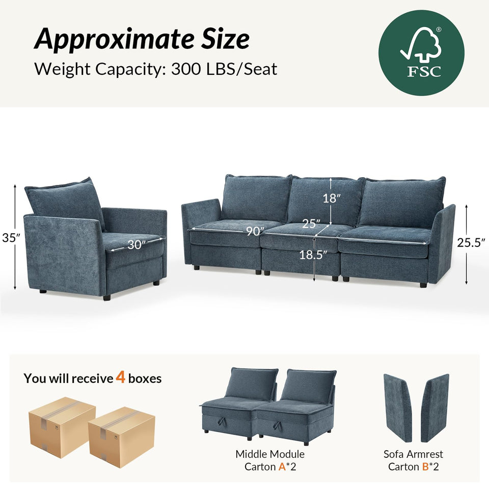 HULALA HOME 127'' Modular Sectional Sofa, Oversized U Shaped Couch with Storage Ottoman, Comfy Chenille Sofa with Deep Seat, 6 Seat Convertible Couches for Living Room, Beige