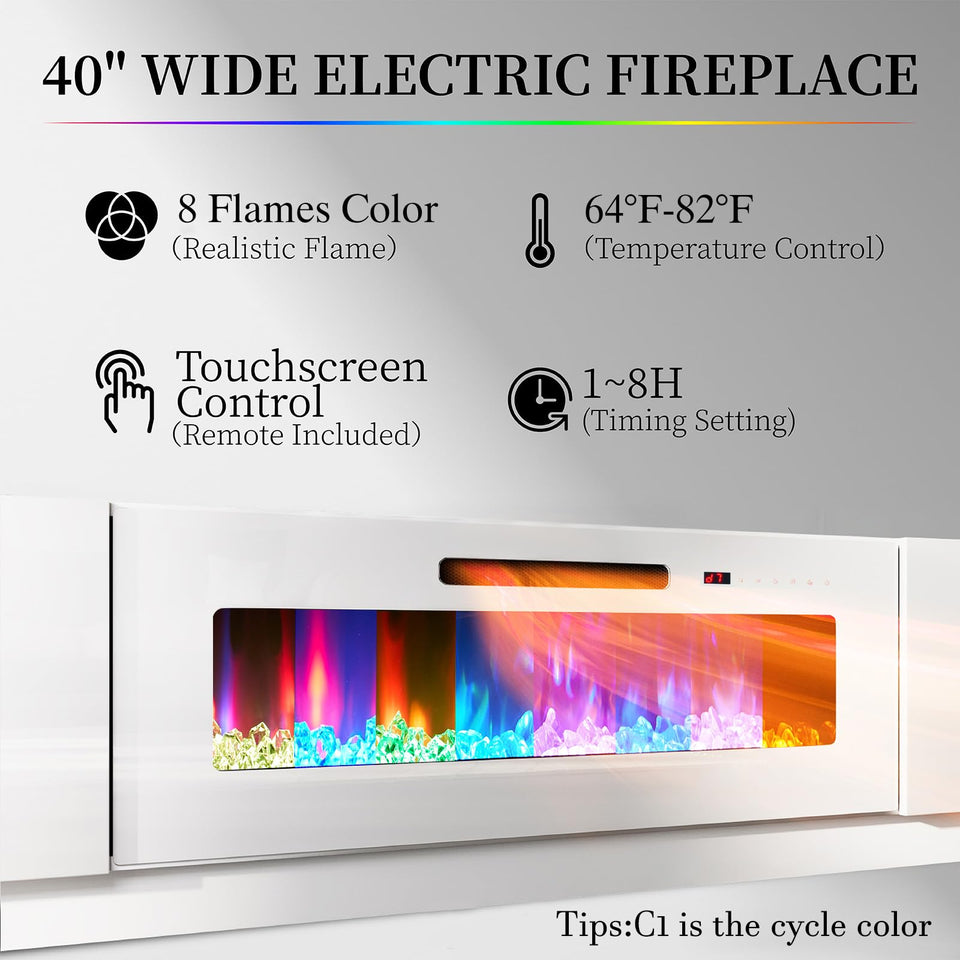 AMERLIFE Fireplace TV Stand with 36" Fireplace, 70" Modern High Gloss Fireplace Entertainment Center LED Lights, 2 Tier TV Console Cabinet for TVs Up to 80", Obsidian Black