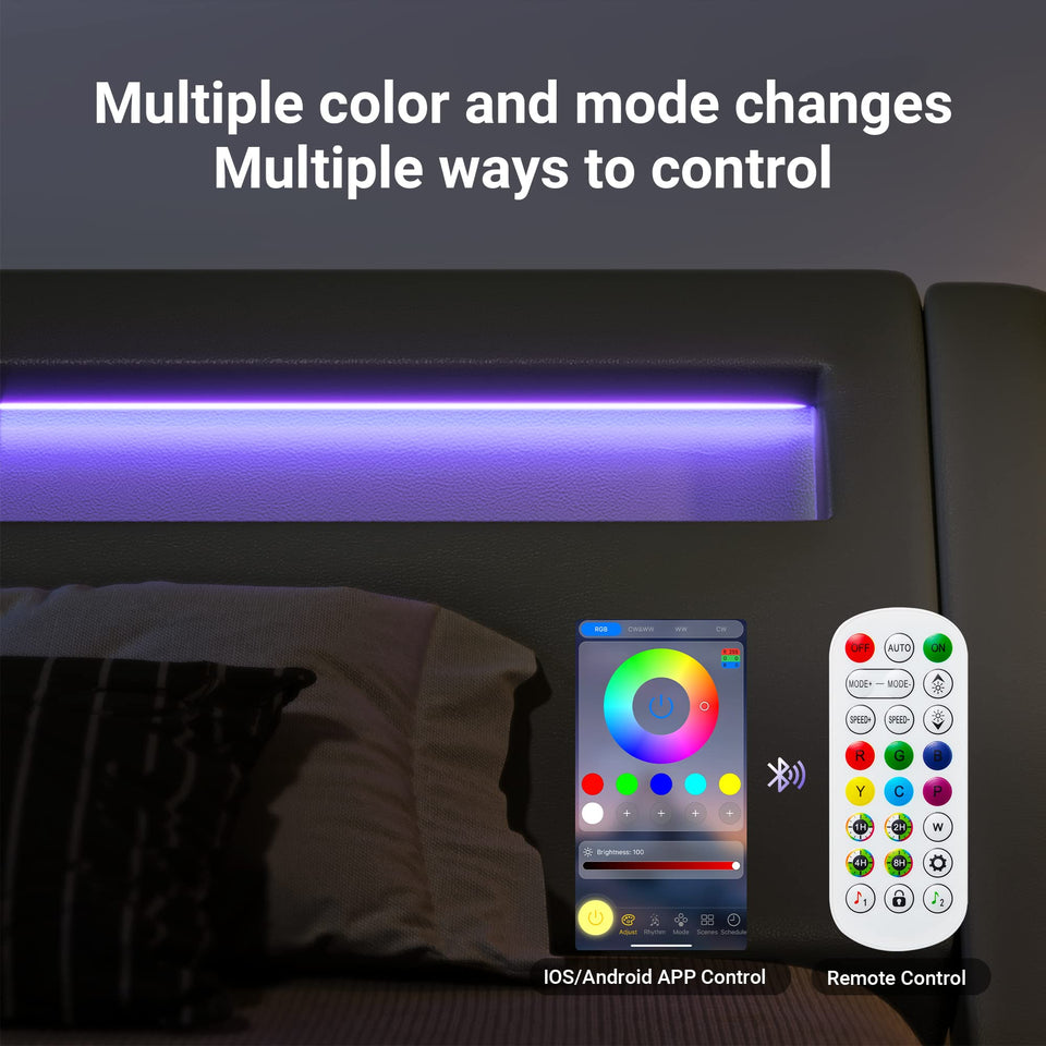 Allewie Queen Size LED Platform Bed Frame with Adjustable Headboard/No Box Spring Need/Easy Assembly/Faux Leather in Black