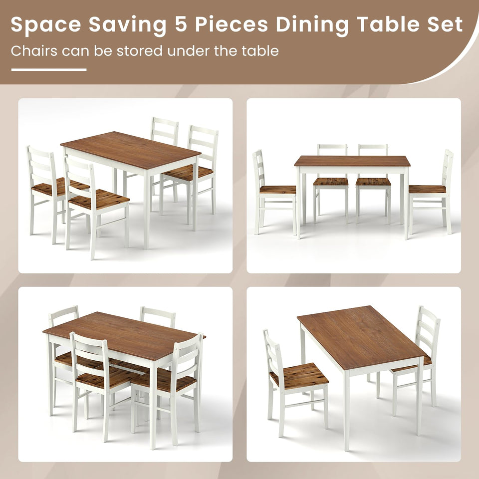 POWERSTONE Dining Table Set for 4, Kitchen Table Chairs Set of 4 with Rubber Wood Legs, Farmhouse 5 Piece Dining Table Set Solid Wood for Kitchen Dining Room Dinner (Brown)