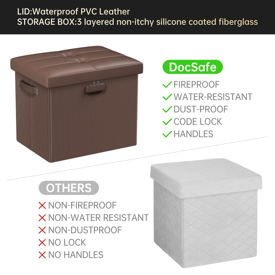 DocSafe Storage Ottoman with Lock,Fireproof Folding Ottoman Foot Rest Stool Storage Chest with Storage Safe for Important Documents,Waterproof 17 Inches Short Ottoman Foot Stool with Handles,Black
