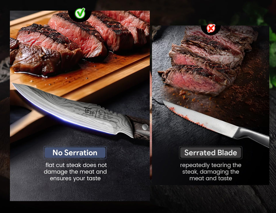 SYOKAMI Steak Knives Set of 8, 4.8 Inch High-Carbon Japanese Stainless Steel Non-serrated Steak Knife with Wood Handle, Damascus Pattern Full Tang Design, Razor-Sharp Dinner Knives with Gift Box