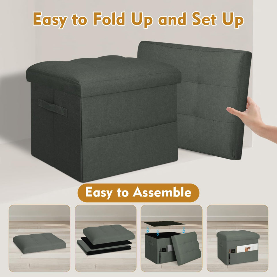 Storage Ottoman with Extra Thick Foam Padded Seat, Foldable Foot Rest Stool with Linen Fabric, 43L Ottoman with Storage Bench for Bedroom Living Room, Holds Up to 300lbs, 17x13x13in, Dark Gray