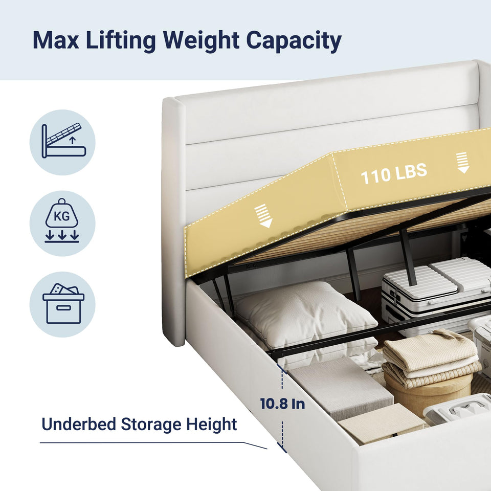 Allewie King Size Lift Up Storage Bed, Modern Wingback Headboard, Hydraulic Support, No Box Spring Needed, Light Beige
