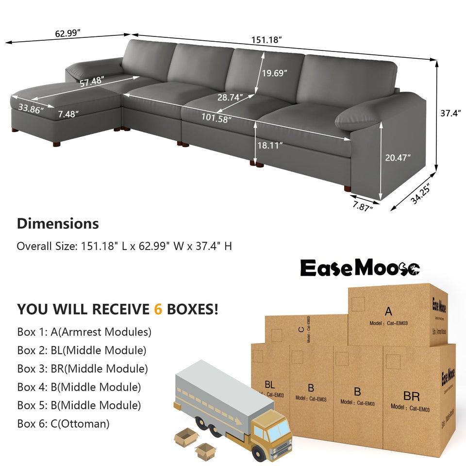 EASE MOOSE Leather Sectional Couch, Oversized Modular Sectional Sofas, Wide Deep Seat Modular Couch, Scratch Resistant Faux Leather Material, L Shaped Sofa for Big Spaces,Beige