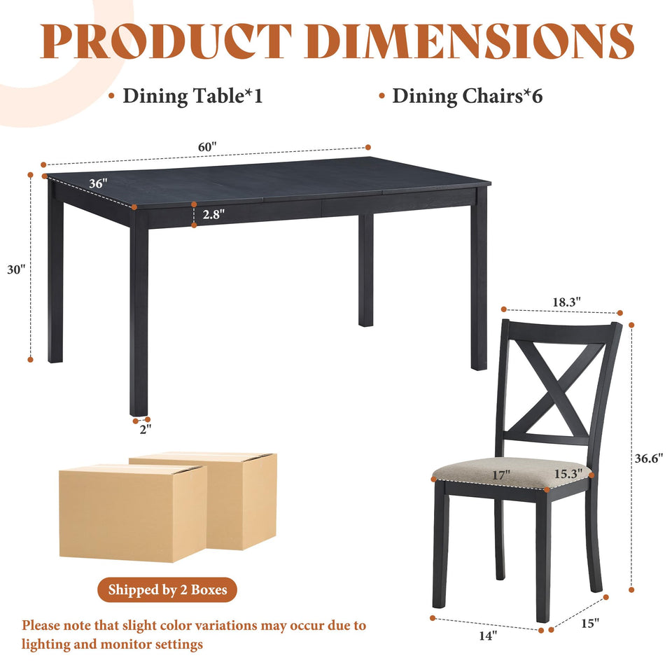 AMERLIFE 7-Piece Farmhouse Solid Wood Dining Table Set with 6 Upholstered Chairs, 60" Space Saving Dinner Table & Chairs Set, for Dining Room, Kitchen, Restaurant, Brown & White