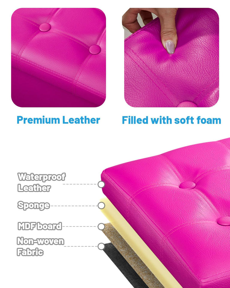 AmasSmile Storage Ottoman Folding Foot Rest Stool, Leather Footstool Bench, Short Ottoman Stool, Storage Foot Rest Store, Books (Black, 17" D x 13" W x 13" H)