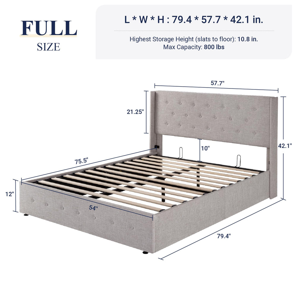 Allewie King Size Lift Up Storage Bed, Modern Wingback Headboard, Hydraulic Support, No Box Spring Needed, Light Beige
