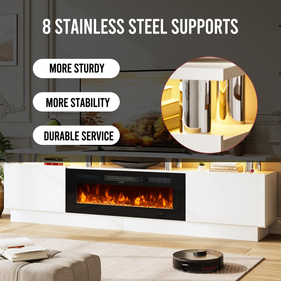 OneBlis 70" TV Stand for Living Room, Modern Entertainment Center & Media Console, Fits TVs up to 80", Storage Cabinet with Shelves, 36" Electric Fireplace with LED Flame (All Black)