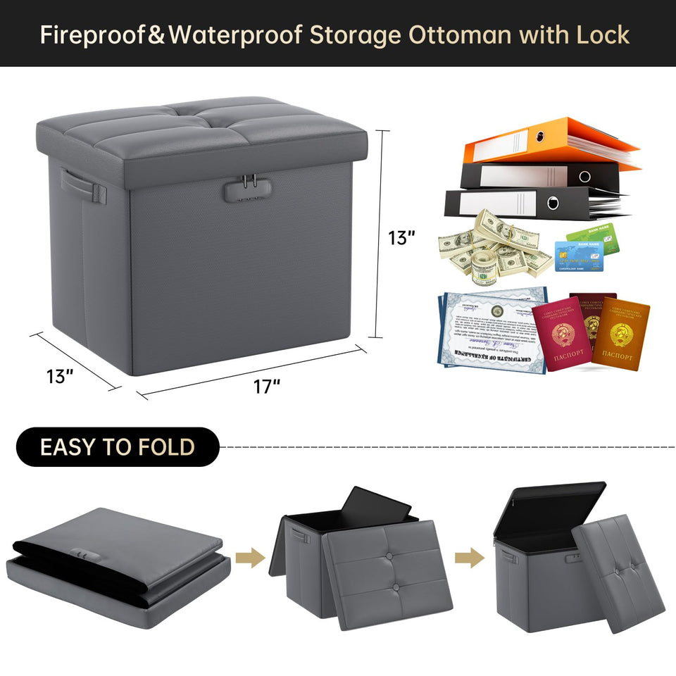 DocSafe Storage Ottoman with Lock,Fireproof Folding Ottoman Foot Rest Stool Storage Chest with Storage Safe for Important Documents,Waterproof 17 Inches Short Ottoman Foot Stool with Handles,Black