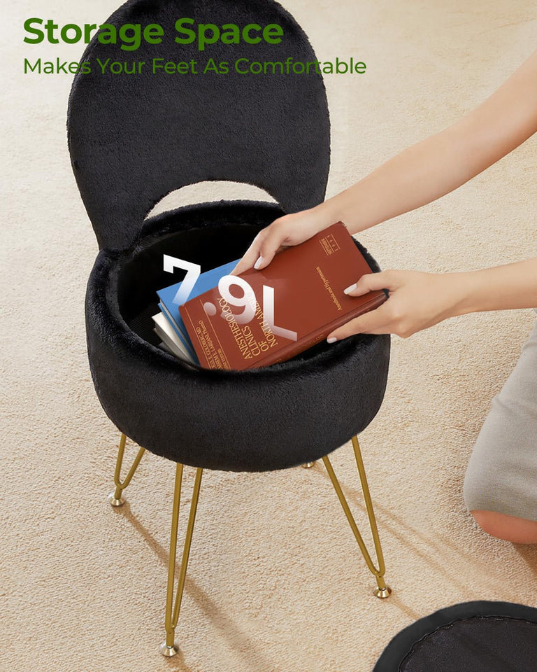 GREENSTELL Small Vanity Stool Chair with Storage and Folding Back, 13" x 13" x 17.7" Faux Fur Soft Ottoman for Teenager, 4 Metal Legs with Anti-Slip Feet, Furry Padded Seat for Makeup, Bedroom, White