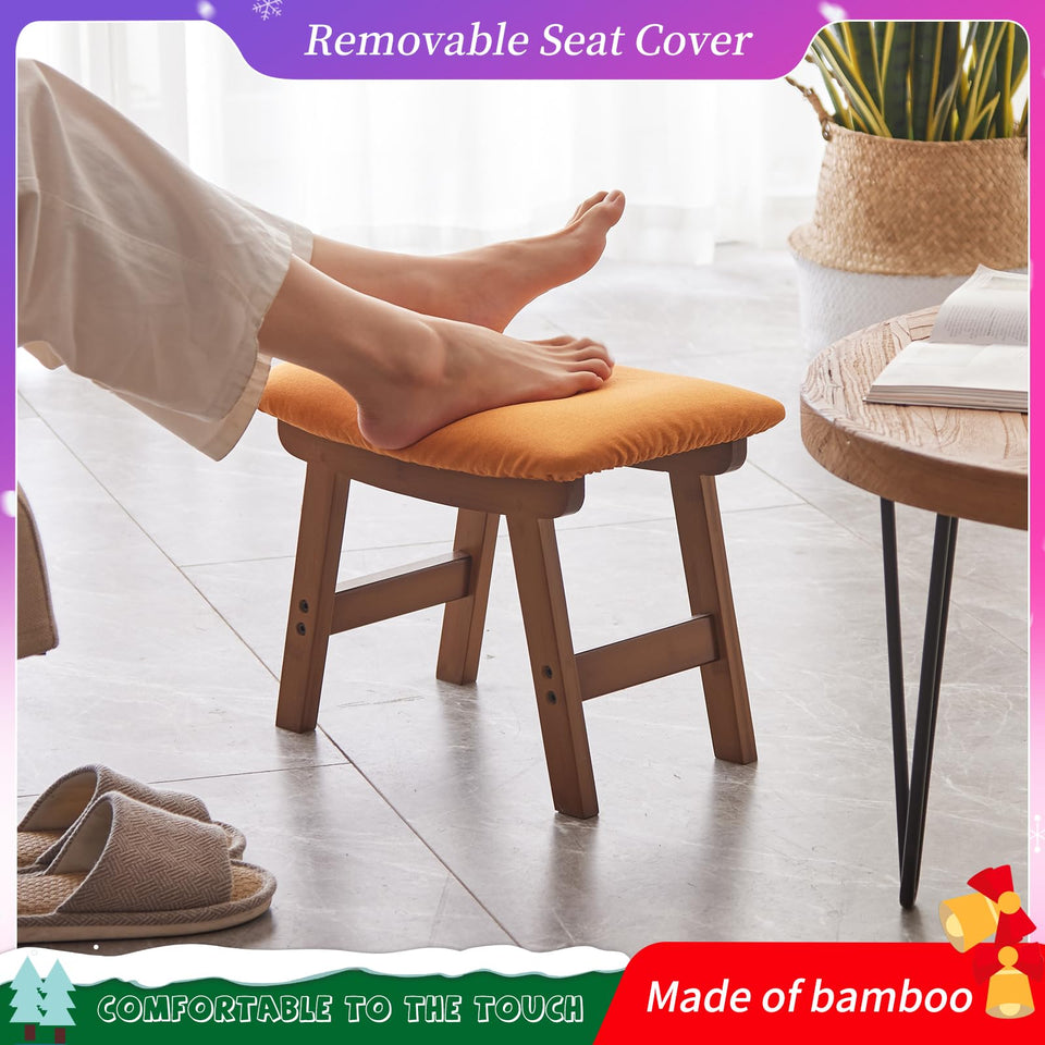 Foot Stool,Ottoman,Bamboo Small Sofa Foot Rest Under Desk,Extra Seating for Living Room, Bedroom and Kitchen(Brown Stool Legs - Beige Surface)